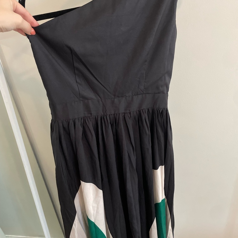 Black one shoulder Dress with Green and White Accents